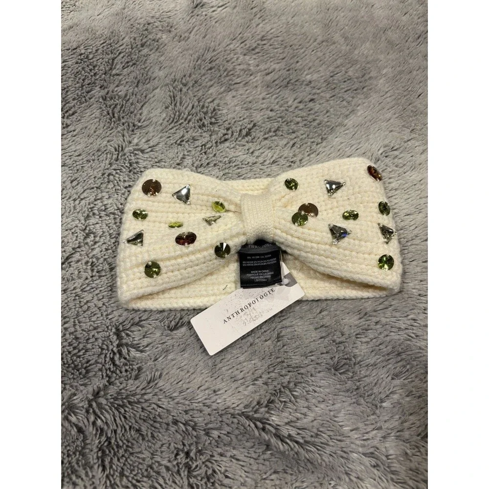 Anthropologie Head Warmer Crystal Embellished Ivory 4 In Width NWT